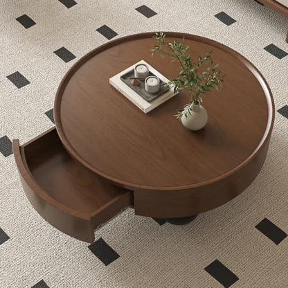 Round Wood Coffee Table with Storage Drawers, Modern Low Circular Center Table with 3 Ball Legs, Walnut Finish Storage Cocktail Table for Living Room Bedroom, Apartment-35.43“*14.96”