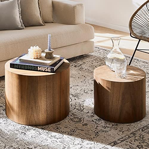 Modern Coffee Nesting Side End Table Set of 2, Small Round Circle Midcentury Bed Side for Living Room Bedroom Office (Walnut - Round)