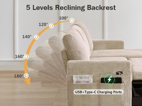 Vipbear 104" Sectional Sleeper Sofa Bed with Pull Out Bed, U Shaped Couch Pull Out Couch with Reclining Backrest, Reversible Storage Chaise, USB Ports, Tool-Free Assembly, Corduroy Beige