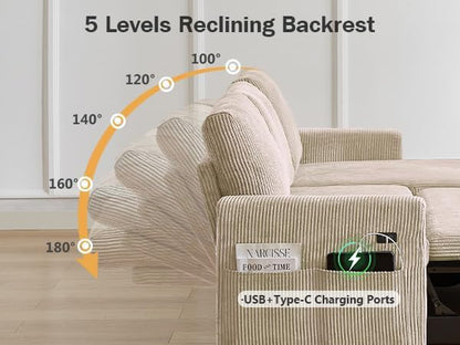 Vipbear 104" Sectional Sleeper Sofa Bed with Pull Out Bed, U Shaped Couch Pull Out Couch with Reclining Backrest, Reversible Storage Chaise, USB Ports, Tool-Free Assembly, Corduroy Beige