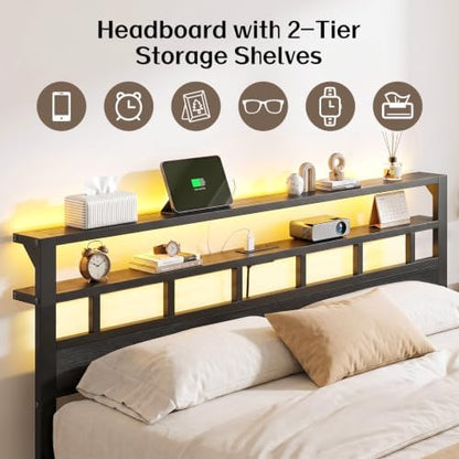 King Size Bed Frame with Charging Station and LED