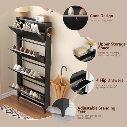 Slim Shoe Cabinet with 4 Flip Drawers,Narrow Shoe Storage Cabinet,Freestanding Organizer,Metal Hidden Shoe Storage for Entryway,Hallway,Living Room (4 Door Width 700, Black)