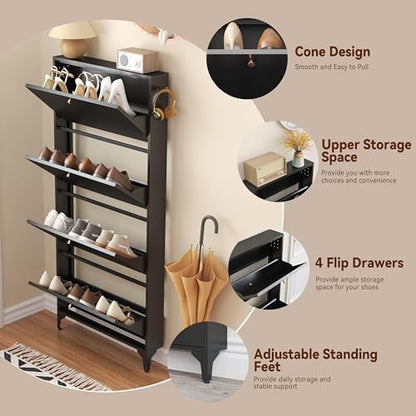 Slim Shoe Cabinet with 4 Flip Drawers,Narrow Shoe Storage Cabinet,Freestanding Organizer,Metal Hidden Shoe Storage for Entryway,Hallway,Living Room (4 Door Width 700, Black)