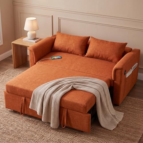 Sofa Bed, Pull Out Couch with Side Pockets, 3 in 1 Velvet Loveseat Sleeper Sofas Beds with USB Ports, Sofa Bed Couch with Adjustable Backrest for Living Room, Bedroom, Apartment, Orange