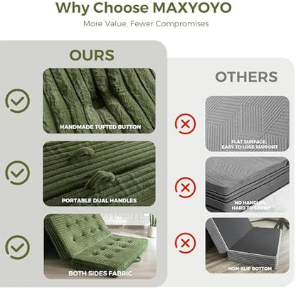 MAXYOYO Folding Sofa Couch Bed, 6 Inch Tri-Fold Floor Sofa Bed, Folding Mattress with Handles, Soft Faux Fur Folding Bed with Supportive Foam Filling, Portable Couch for Living Room, Queen, Dark Green