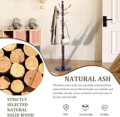 Wooden Coat Rack Freestanding with Round Base, 18 Hooks, Walnut-m