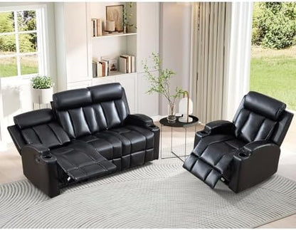HAOMARKETS 2-Piece Manual Recliner Sofa Set, Included Single Recliner Chair and 3-Seater Reclining Couches, Overstuffed Pu Leather Reclining Couches with Cup Holders for Living Room, Black