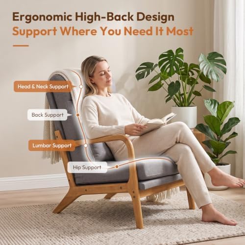 Bonnlo High Back Linen Dark Grey Mid Century Modern Accent Chair, Soild Wood Padding Lounge Armchairs Side Sitting Chairs for Living Room, Bedroom, Guest Room