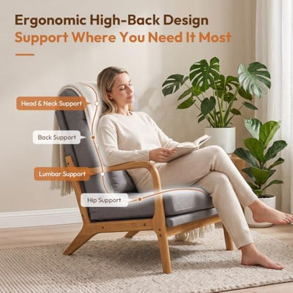 Bonnlo High Back Linen Dark Grey Mid Century Modern Accent Chair, Soild Wood Padding Lounge Armchairs Side Sitting Chairs for Living Room, Bedroom, Guest Room