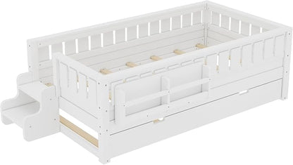 Bellemave Twin Size Kids Bed with high Rails and with Built-in Bookshelf and Trundle for Kids, Girls, Boys, Wood Montessori Bed Without Door, White
