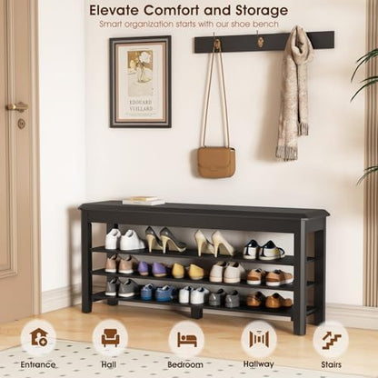 Shoe Rack Bench Seat Rubberwood 3-Tier Wooden Storage Bench 550lbs Compact Mid-Century Modern Design for Entryway, Hallway, Closet, Front Door Entrance, Foyer