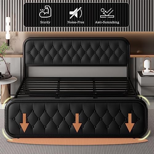 Feonase King Size Bed Frame, Upholstered Bed Frame with Faux Leather Headboard, Heavy Duty Platform Bed with Strong Metal Slats, 12 Inch Under-Bed Storage, Noise-Free, Easy Assembly, Black
