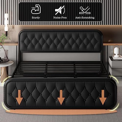 Feonase King Size Bed Frame, Upholstered Bed Frame with Faux Leather Headboard, Heavy Duty Platform Bed with Strong Metal Slats, 12 Inch Under-Bed Storage, Noise-Free, Easy Assembly, Black
