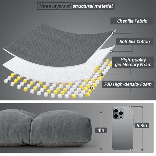 72 Inch Bench Cushion, Tufted Window Seat Cushion with High-Density Memory Foam, Soft Chenille Non-Slip Indoor Furniture Pad for Bay Window, Dining Bench, Entryway (Dark Grey, 72x14x3)