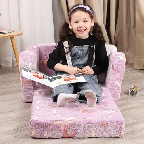 Kids Sofa Chair, 2-in-1 Foldable Couch, Plush, Lavender Purple