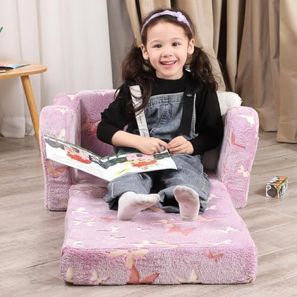 Kids Sofa Chair, 2-in-1 Foldable Couch, Plush, Lavender Purple