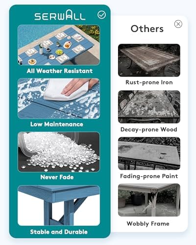 SERWALL Outdoor 84" HDPE Rectangular Dining Table for 6-8,All-Weather,Blue