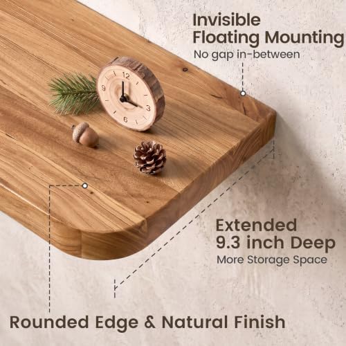 24 inch Floating Shelves for Wall, Elm Wood Rounded Edge, Natural, 2-Pack