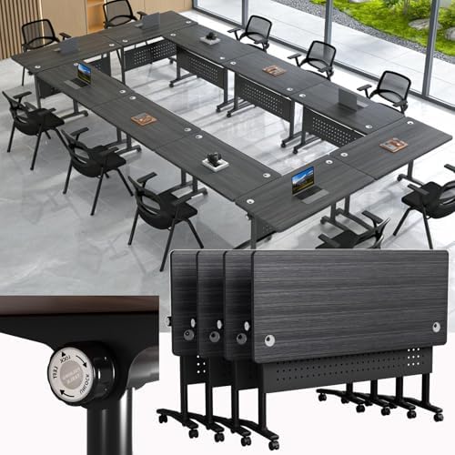 Folding Conference Room Tables with Wheels, Modular Conference Table Foldable Mobile Office Training Tables, Seminar Rolling Flip Top Nesting Meeting Table Space-saving for Classroom, Black 4Pack