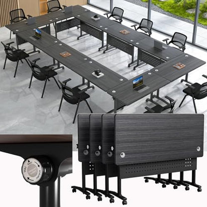 Folding Conference Room Tables with Wheels, Modular Conference Table Foldable Mobile Office Training Tables, Seminar Rolling Flip Top Nesting Meeting Table Space-saving for Classroom, Black 4Pack