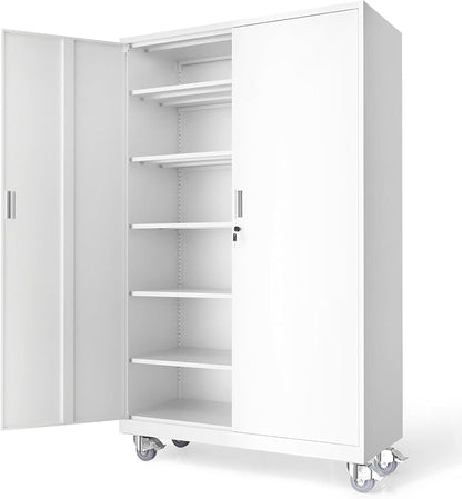 VINGLI Large Metal Storage Cabinet with 2 Doors and 5 Adjustable Shelves, Upgraded Height & Wide & Deep, 40''W x 20''D x 72''H, Oversized Garage Storage Cabinet with Wheels and Locks (White)