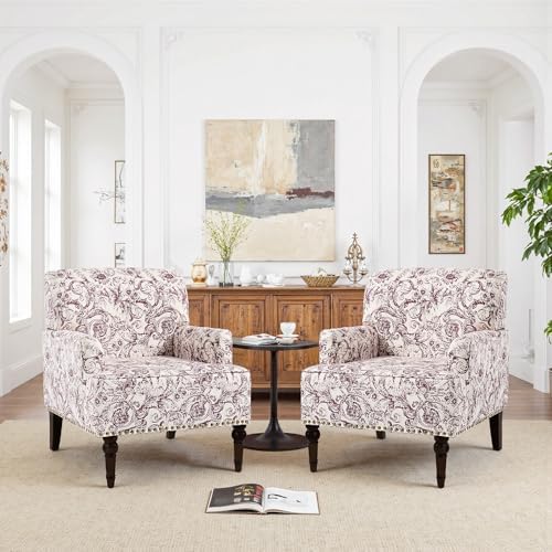 Rococo Accent Chairs Set of 2, Fabric Upholstered Armchair, Plum