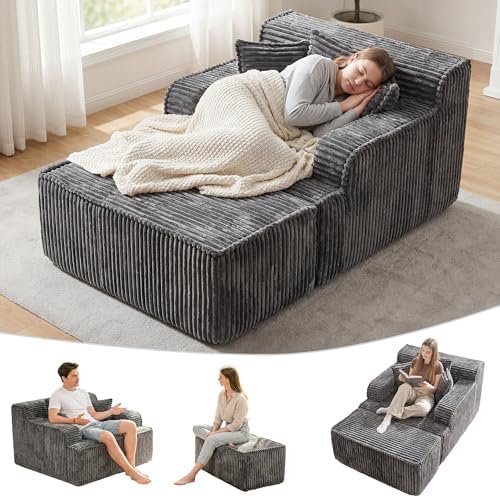 Chaise Lounge Chair Indoor,Boneless Chair with Ottoman,Comfy Reading Chair for Adults,Small Sofa Bed Couch for Living Room,Single Sleeper Chair Bed,Grey