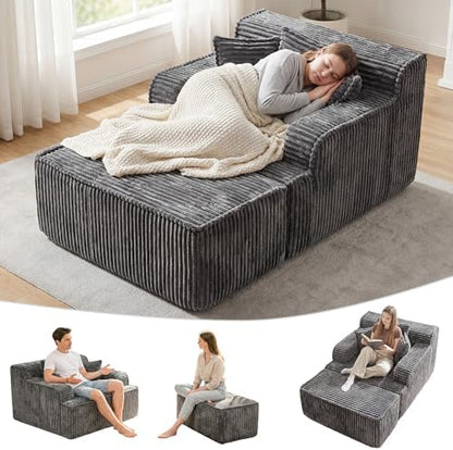Chaise Lounge Chair Indoor,Boneless Chair with Ottoman,Comfy Reading Chair for Adults,Small Sofa Bed Couch for Living Room,Single Sleeper Chair Bed,Grey
