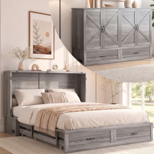 PUREMIND Queen Size Murphy Bed with Mattress, Wood Frame Cabinet Beds with Charging Station & Storage Drawers, Space Saving Hidden Cabinet Bed for Guest Room, Home Office, Apartment, Grey
