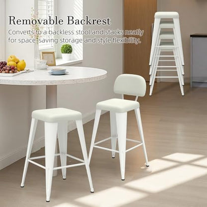 24 Inch Metal Bar stools Set of 4, Upholstered Counter Height Bar Stools with Removable Back & Metal Legs, Industrial Barstools for Kitchen Island, Cafe (Beige Seat, White Legs)