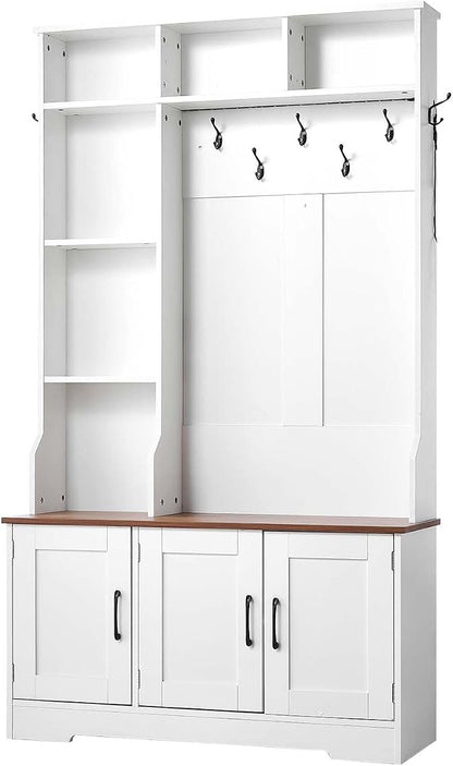 VEVOR Hall Tree with Bench and Shoe Storage, 39" Wide, Entryway Hall Tree with Bench, Hanging Hooks, Storage Shelves, Adjustable Shoe Shelves, LED Light, Wooden, for Mudroom, Entryway, Hallway, White