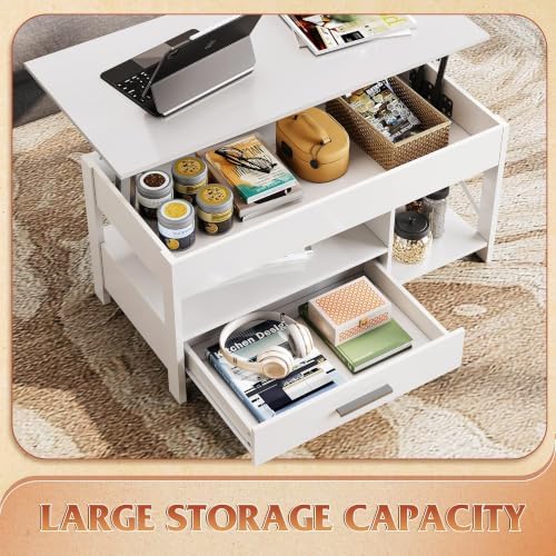 WLIVE Lift Top Coffee Table with Drawer, White