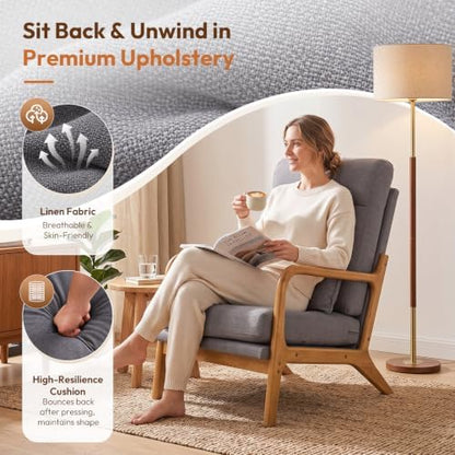 Bonnlo High Back Linen Dark Grey Mid Century Modern Accent Chair, Soild Wood Padding Lounge Armchairs Side Sitting Chairs for Living Room, Bedroom, Guest Room