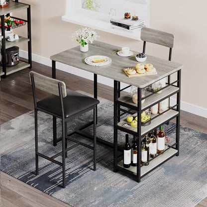 Space-Saving 3-Piece Dining Table Set for 2 – Counter Height Table with Upholstered Chairs and 3 Storage Shelves – Perfect for Small Spaces, Apartments, Breakfast Nook – Rustic Grey, 1+2 Set