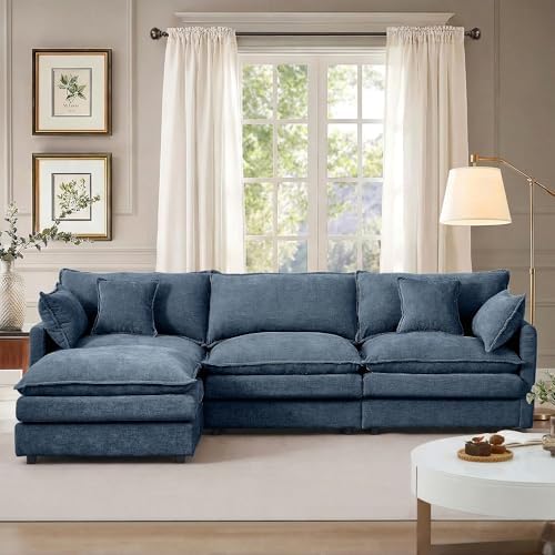 Modern 102" L Shaped Sectional Sofa Cloud Couch, Modern Chenille Comfy Modular Sleeper Sofa, Upholstery Sofa with Ottoman & Memory Foam for Living Room, Blue