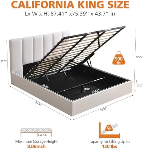 VELOCAVA California King Size Lift-Up Storage Bed, Modern Upholstered Platform Bed Frame with Vertical Channel Headboard, Hydraulic Storage, No Box Spring Needed, White