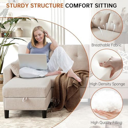 Sectional U Shape Sofa with Storage, 100" U Shaped 4 Seater Couch with 2 Movable Ottoman Chaises Polyester Fibre for Living Room, Beige