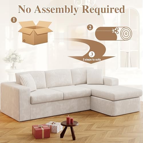 105" Boneless Couches for Living Room Modular Sectional Sofa L-Shape with Oversized Chaise, No Assembly Required, Deep Seat Cloud Couch Memory Foam, Pet-Friendly Corduroy, Cream Beige