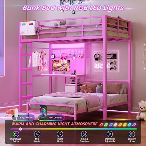 DICTAC Bunk Bed Twin Over Twin with Desk,Led Lights,Charging Station,Pink