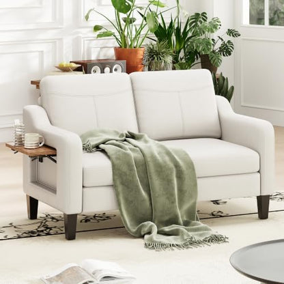 MALOL 51" Leather Loveseat Sofa with Foldable Side Table, Beige