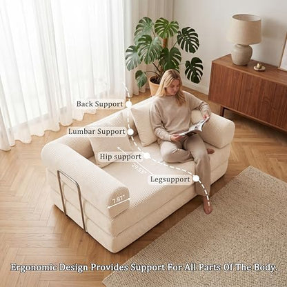Futon Sofa Bed Modular Loveseat Sleeper Folding Pull Out Couch with Pillows, No Assembly Required Boneless Couch for Living Room Bedroom Guest Room (Beige, 53.15" Loveseat Sofa)