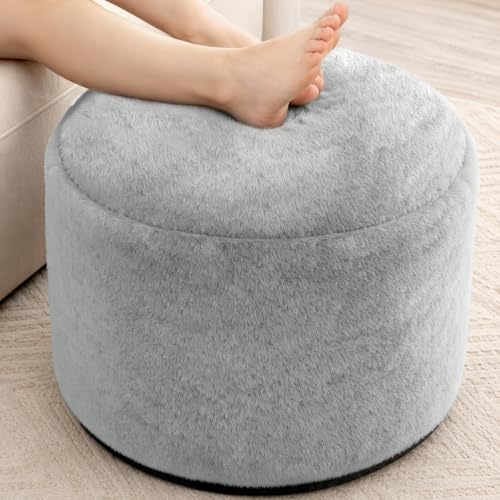 WSOFRLAC Round Pouf Ottoman, Small Foot Stool Foot Rest, Light Gray 20x15in