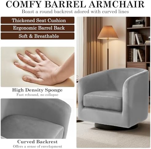 Swivel Barrel Accent Chair, Velvet Upholstered Armchair, Gray