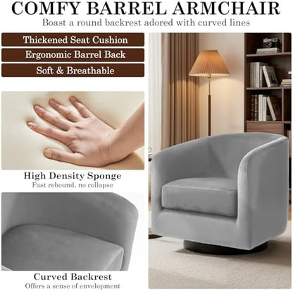 Swivel Barrel Accent Chair, Velvet Upholstered Armchair, Gray
