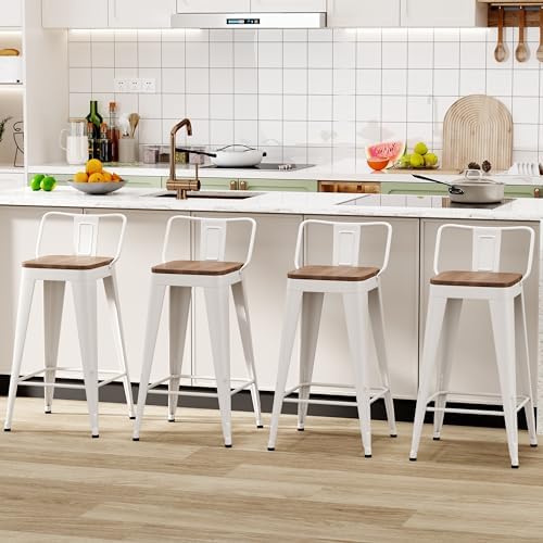 WENTMENT Bar Stools Set of 4 Counter Height Bar Stools Metal Barstools with Removable Back 26" Kitchen Bar Stools with Wooden Seat, Off White