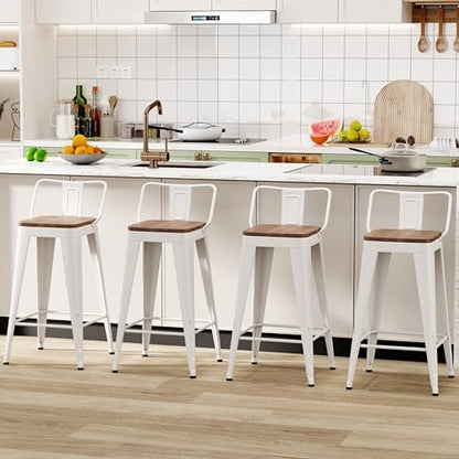 WENTMENT Bar Stools Set of 4 Counter Height Bar Stools Metal Barstools with Removable Back 26" Kitchen Bar Stools with Wooden Seat, Off White