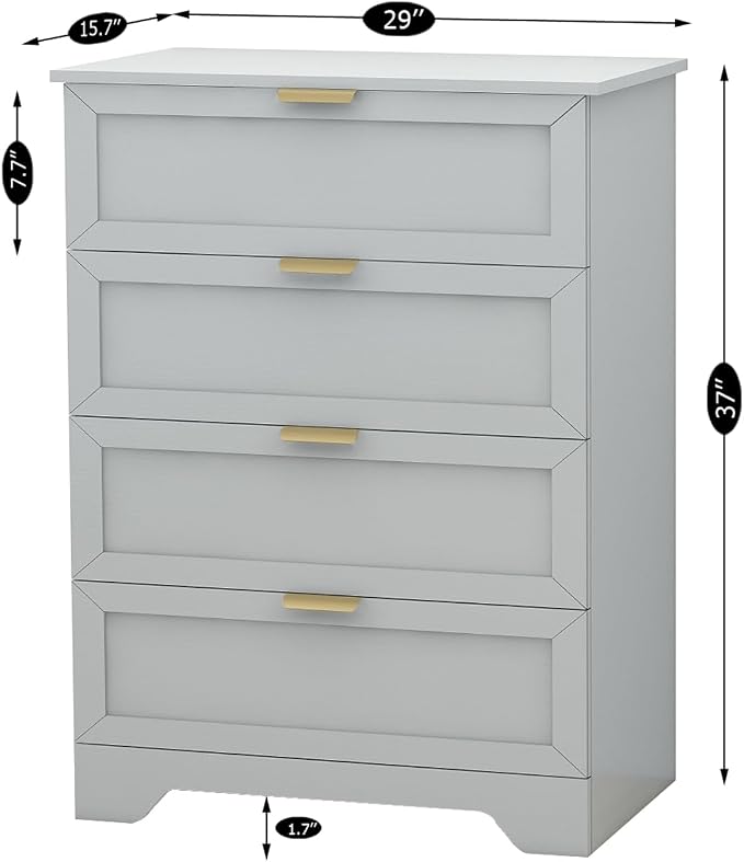 37-inch Tall Chest of Drawers, 4 Drawer Dresser for Bedroom, Grey Wood Dresser with Large Drawers, Modern Storage Cabinet for Closet, Living Room, Entryway, Light Grey