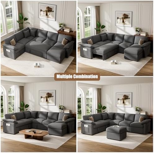 L Sleeper Sofa, 109" Modular Sectional Sofa with Pull Out Bed, Dark Gray