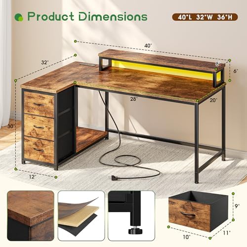 EnHomee 40" L Shaped Computer Desk with 3 Storage Drawers for Teen Room