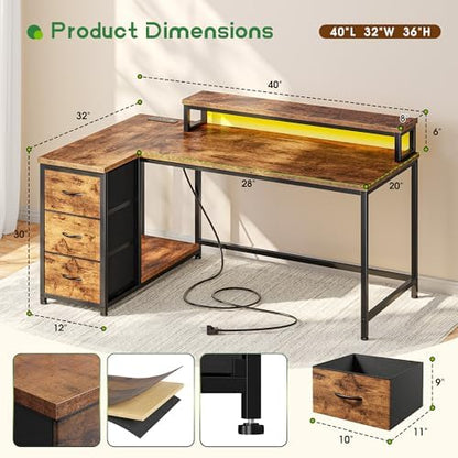 EnHomee 40" L Shaped Computer Desk with 3 Storage Drawers for Teen Room